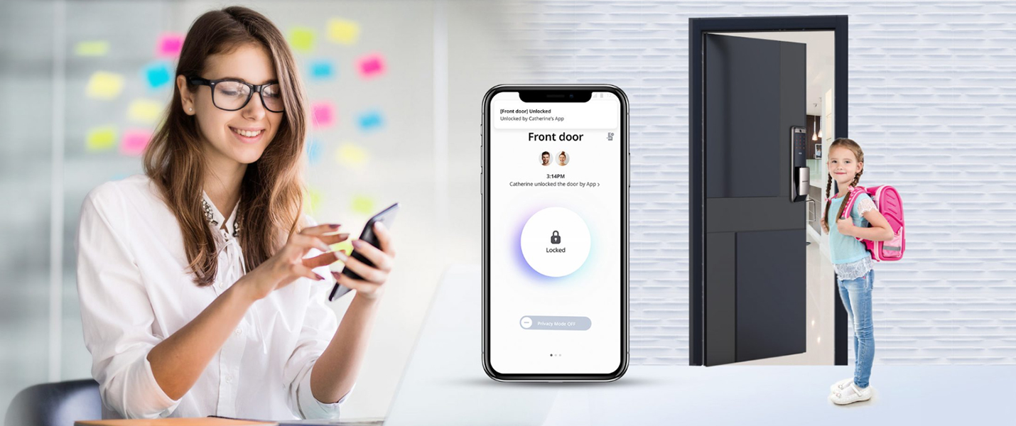 Woman locking smart door lock for her kid