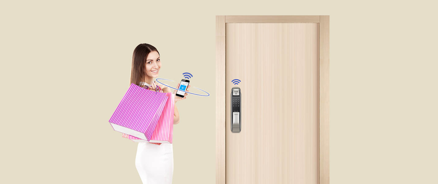 Woman with shopping bags in front of door with smart lock