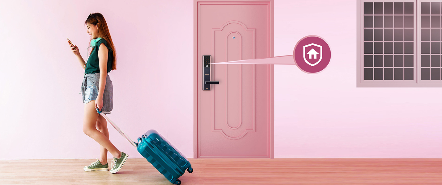 Woman with luggage leaving home with smart door lock