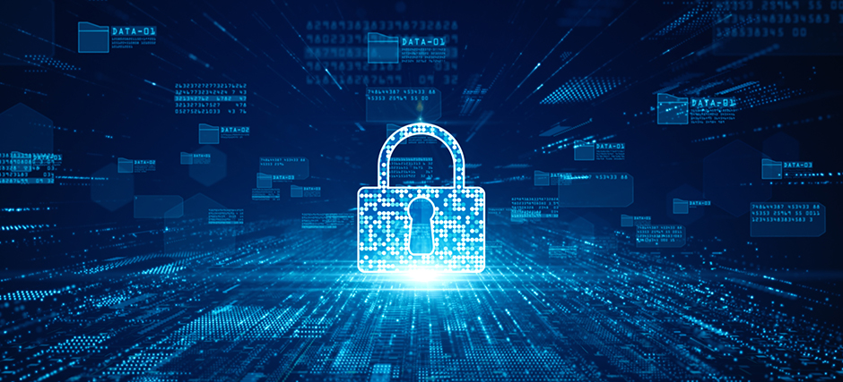 Digital lock surrounded by data elements illustrating the significance of data security