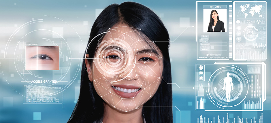 Digital interface showing facial recognition and eye scanning.
