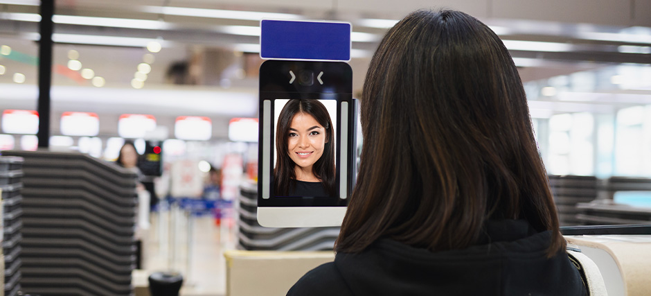 Person using a facial recognition scanner for access.