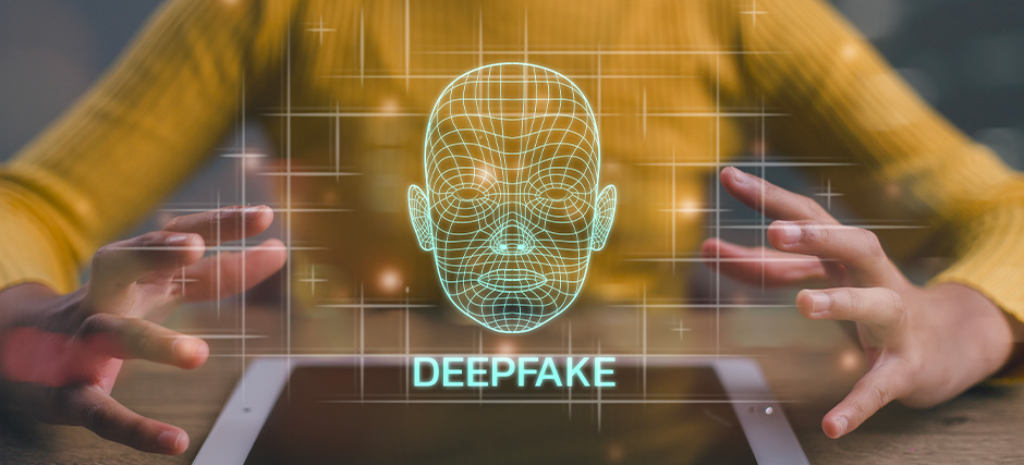 Person holding tablet with a deepfake facial scan.