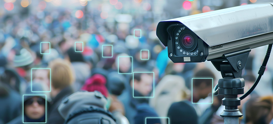 Security camera with facial recognition scanning a crowd.