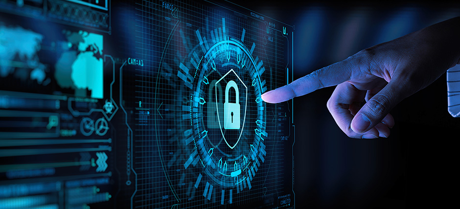 Person touching a digital lock and shield for security.