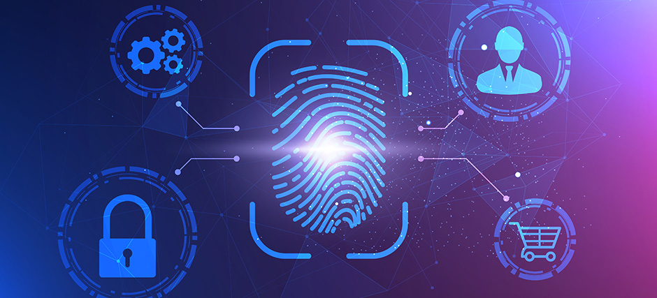 Digital illustration of glowing fingerprint icon surrounded by gear, padlock, user, and shopping cart symbols on blue-purple network background