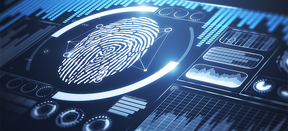 Digital interface with stylized fingerprint surrounded by glowing charts and data visualizations in blue tones